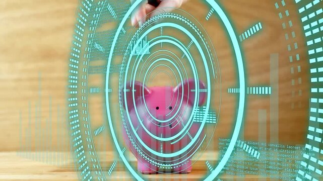 Hand entering above, lowering coin into piggy bank while HUD tracking savings progress