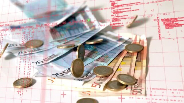 Coins dropping after release onto fanned 20 and 50 euro notes bouncing and settling showing impact