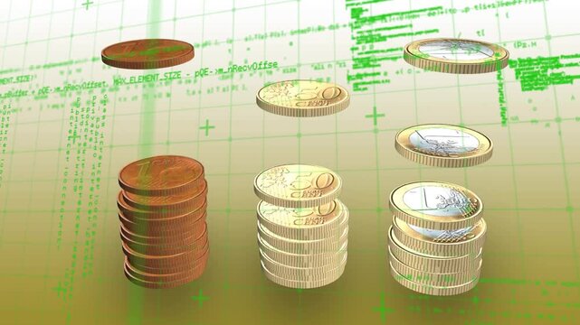 Coins starting fall rotating and stacking into three Cu or Au or Ag piles with green code showing fu