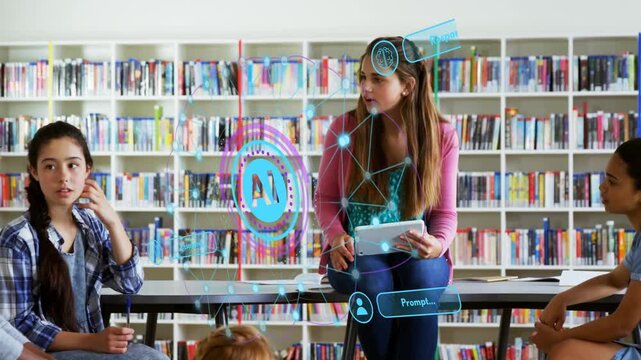 Teen student tapping tablet, activating AR AI node web among peers, clustering to learn in library