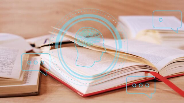 Overlay appearing camera drifting, red book holding pulsing brain icon, chat bubbles showing ideas