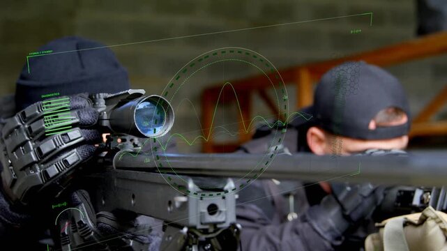 Gloved hand tuning scope, tactical duo bracing rifle on bipod, HUD aligning reticle for precise aim