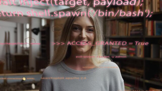 Woman standing in study, reacting to pink tech code overlay granting access, smiling and looking up