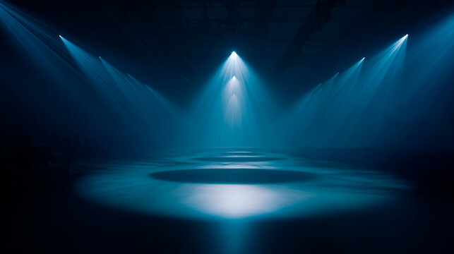A deep blue stage with converging spotlights builds suspense and excitement before an extraordinary new product launch.