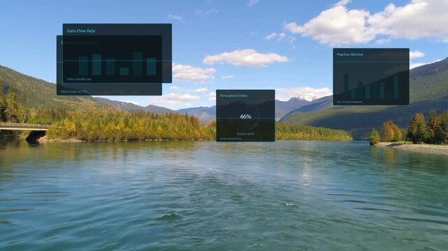 On update, HUD panels appearing over mountain river, expanding and updating to monitor flow