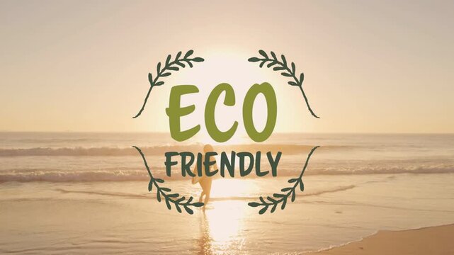 Woman walking from wet sand, eco logo animating into frame, causing running with surfboard to surf