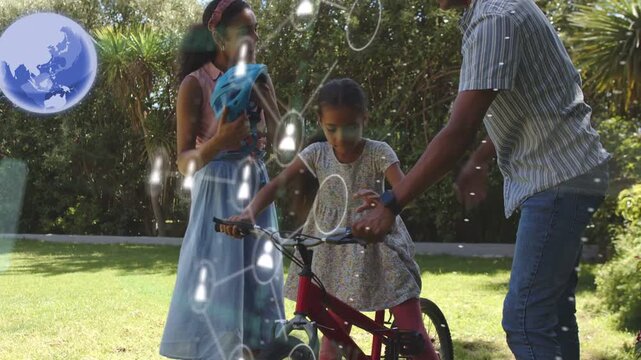 Man gesturing, child climbing bike, woman fitting helmet and holding bike, AR icons teaching safety