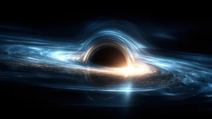 Black hole, fantasy, mysterious. A digital artwork depicts a cosmic scene. A black hole is the central subject, surrounded by swirling blue and white light trails. © rabbit75_fot