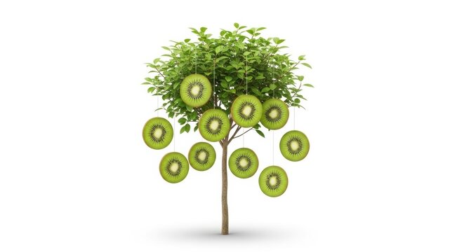 Surreal kiwi fruit tree with floating green slices, conceptual organic food plant on white background, healthy tropical fruit harvest concept
