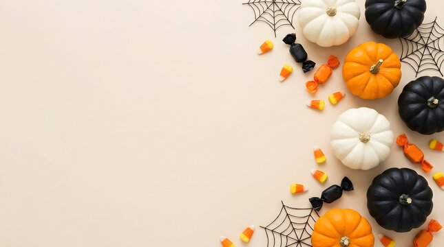 A festive Halloween flat lay with mini pumpkins, candy corn, and spiderwebs on a light background, offering copy space.