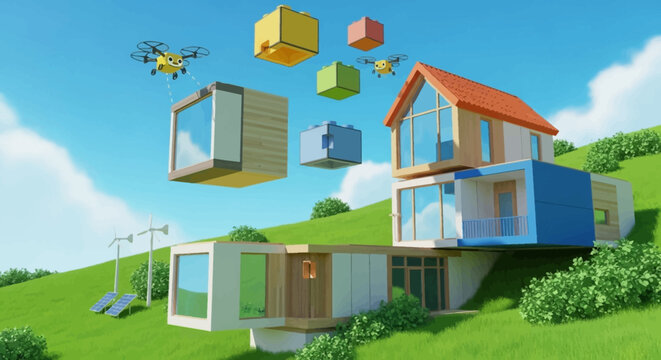 Modern modular homes designed with sustainable energy and innovative building blocks for a futuristic lifestyle on a grassy hill