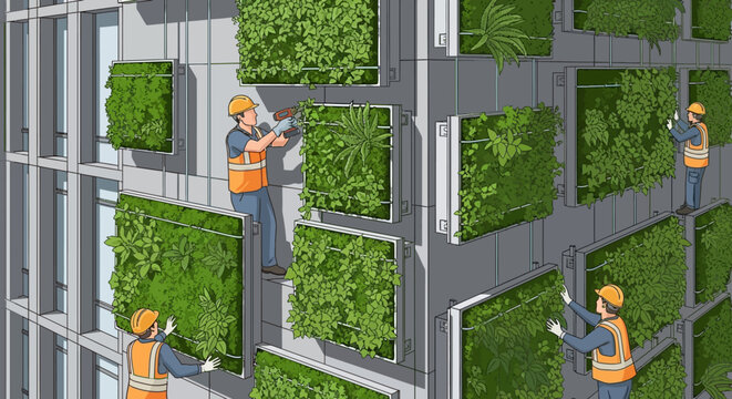 Green wall installation workers installing modular plant systems on modern building facade