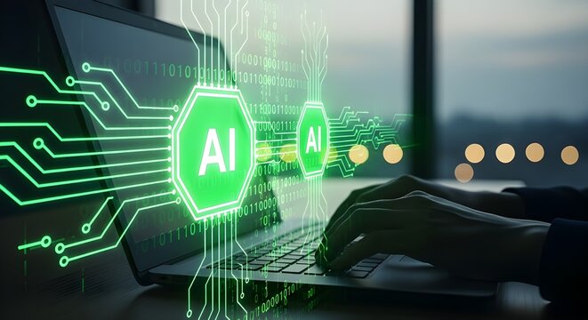 Machine learning synchronization and industrial AI agent network. Software engineer deploying intelligent automation scripts on high-end laptop computer.