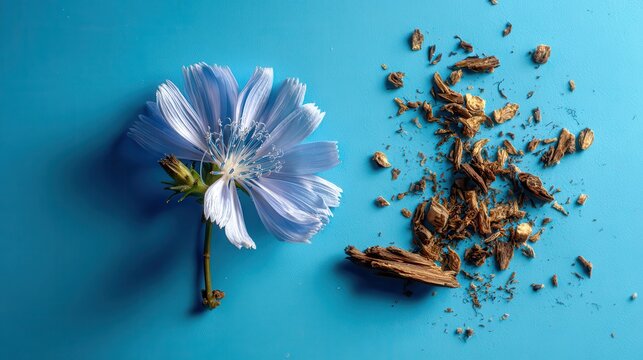 High quality photo of chicory flower and dried chicory root on a blue background.