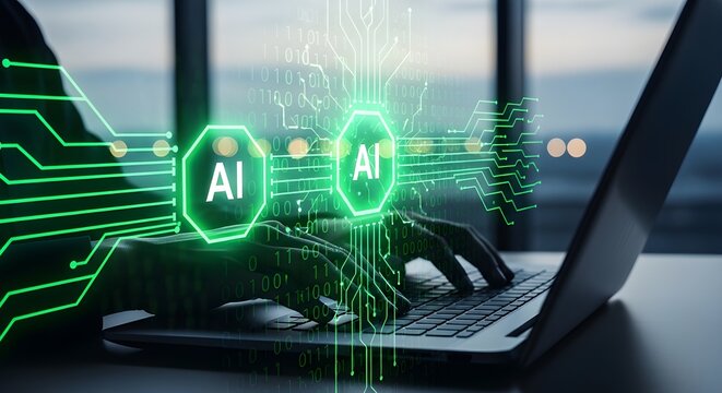 Machine learning synchronization and industrial AI agent network. Software engineer deploying intelligent automation scripts on high-end laptop computer.