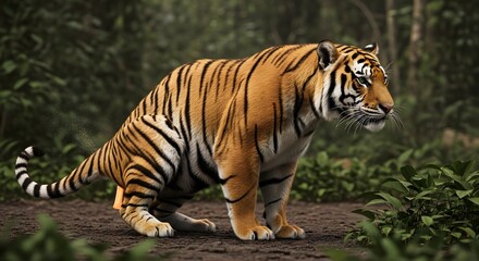 Fototapeta premium Majestic tiger in natural habitat with striped fur and alert posture