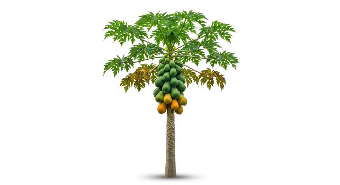 Tropical papaya tree with ripe yellow and green fruits, exotic carica papaya plant on white background, organic fruit tree for agriculture and farming