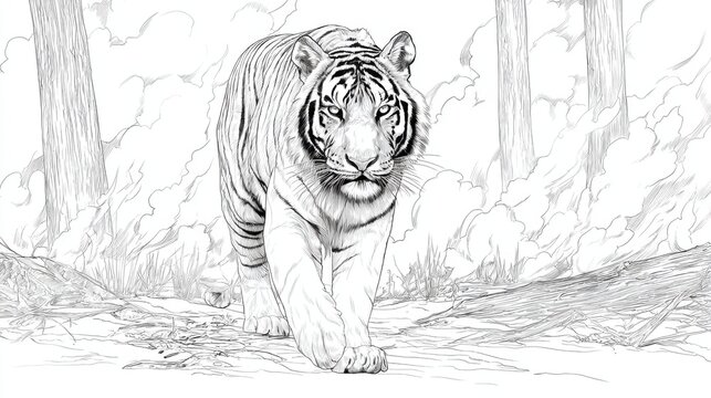 Majestic Tiger Walking Through Forest Setting in Black and White