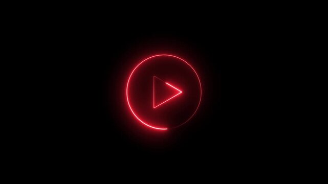 Red neon play button on black background for playback interface