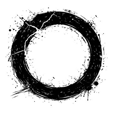 Black grunge circle with paint splatters on white background, abstract artistic design element