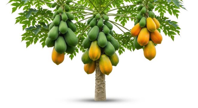 Papaya tree with ripe and green fruits, tropical pawpaw plant isolated on white background, organic agriculture and exotic fruit farming concept