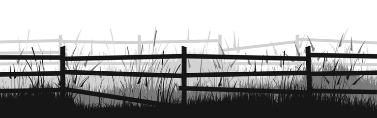 Fototapeta premium Meadow silhouettes with grass and old wooden fence. Countryside, panoramic summer lawn rural landscape with herbs, weeds. Herbal border, frame element. Black horizontal banners. Vector illustration