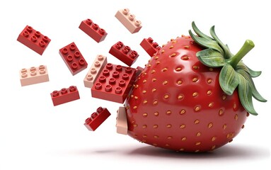 Naklejka premium Red strawberry surrounded by flying Lego blocks against a white