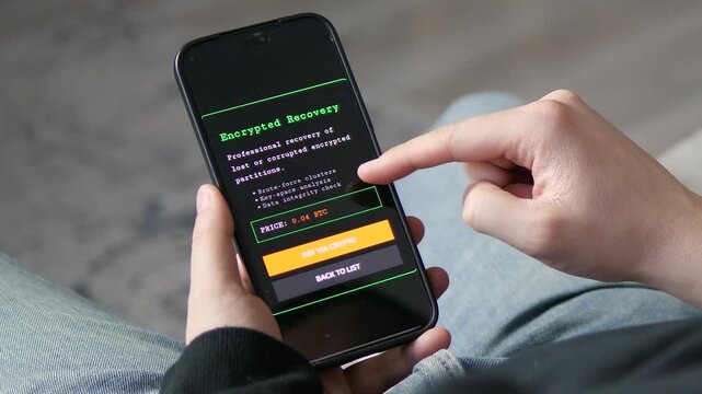 Professional encrypted data recovery service via mobile app. High-tech interface featuring brute-force clusters and crypto payments. Ideal for digital forensics, IT security, and blockchain tech