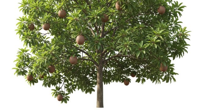 Sapodilla fruit tree with green leaves and brown tropical fruits, Manilkara zapota tree isolated on white background, exotic fruit tree for gardening