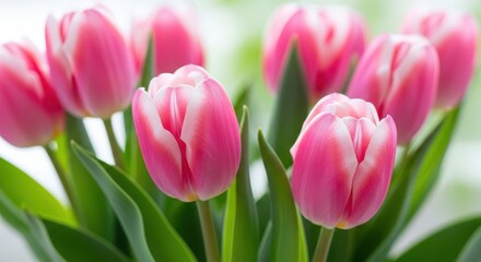 Fototapeta premium Soft pink tulips in natural springtime bloom white petals flowers