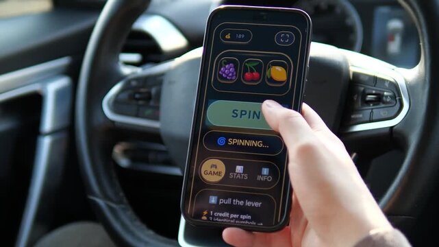 Professional footage of online slot machine app. Person hits spin button and gets a losing result. Great for marketing mobile games, betting platforms, and leisure time visuals. Detailed game UI with