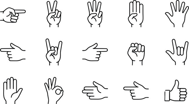 Hand Gesture Line Icon Set with Pointing, Peace, Fist, Thumbs Up, Rock, and OK Signs for Communication and UI Design Projects