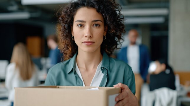 Serious young woman holding a cardboard box in modern office, representing job change or layoff.