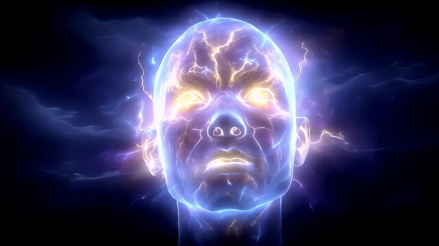 Artificial intelligence. Neuron network. A vivid digital artwork depicts a human head, rendered in a surrealistic style. The head is surrounded by swirling patterns of blue and purple lightning bolts.