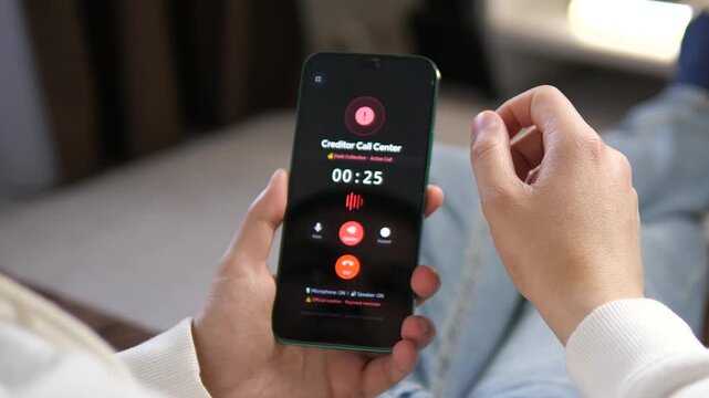 Stressed person talking to a creditor call center on a smartphone. Realistic UI showing an active debt collection call with a payment reminder. Perfect for financial services, debt relief ads, and