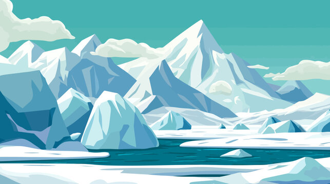 A pixelated landscape depicting snow-capped mountains, icy water, and floating icebergs under a pale sky