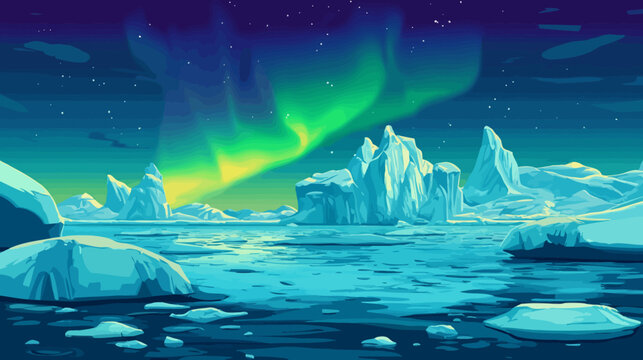 Pixelated artwork of an arctic scene featuring aurora borealis over icebergs