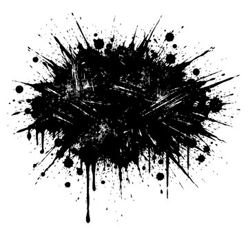 Black ink splatter with dynamic brush strokes on white background for creative design elements