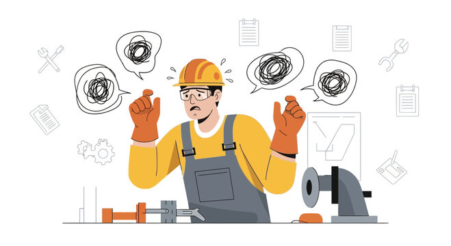 Confused construction worker with tangled thoughts, overwhelmed by work tasks and stress