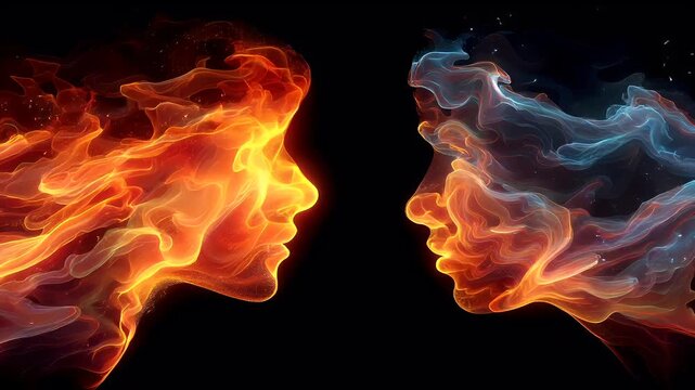 Artificial intelligence. Neuron network. A vivid digital artwork depicts two human faces, each encircled by swirling patterns of fiery orange, red, and blue hues. The faces are set against a dark.