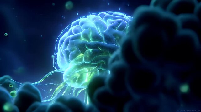 Artificial intelligence. Neuron network. A vivid digital artwork depicts a detailed, intricately detailed representation of a human brain. The brain is rendered in a gradient of blue and green hues.