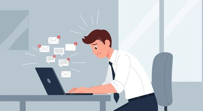 Overwhelmed businessman working on laptop with many email notifications
