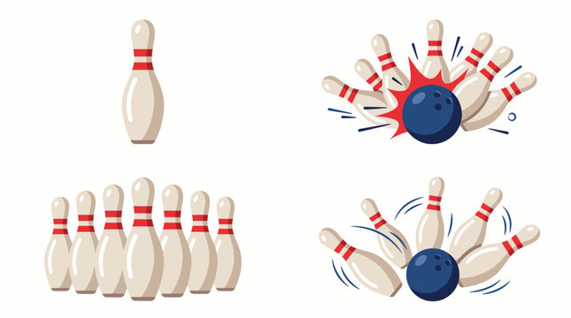 Bowling Pins & Ball Color Vector Set &ndash; 4 Dynamic Bowling Illustrations in Clean Grid