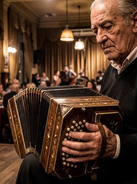 bandoneon tango musician portrait instrument culture performance closeup heritage artist with seated player in warm salon suggesting music dance accompaniment nightlife and cultural storytelling