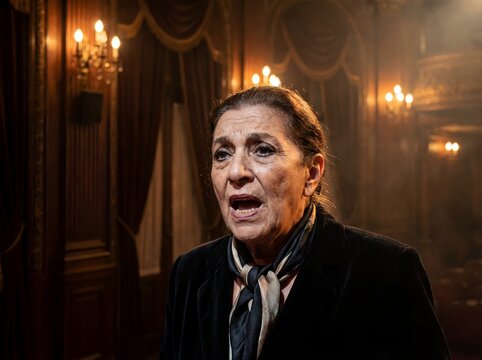 tango singer stage portrait theatre music culture performance closeup vocalist with dramatic expression and warm lights suggesting traditional song nightlife emotion and cultural entertainment