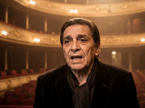 tango singer stage portrait theatre music culture performance closeup vocalist with dramatic expression inside opera hall suggesting traditional song emotion and cultural entertainment