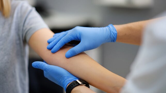 Healthcare professional in blue gloves examining a patient's forearm during a clinic visit.