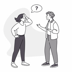 Fototapeta premium Confused woman and man talking with question mark in speech bubble expressing uncertainty