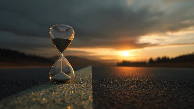 Beautiful of a sand timer on a wet road at sunset.