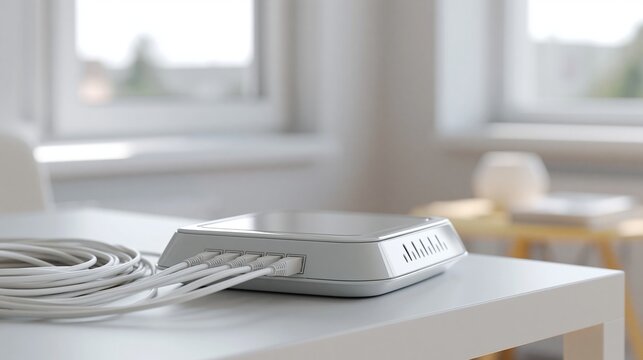 Home router with multiple Ethernet cables on a white desk in bright modern living room.